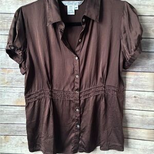 Studio Petites Womens Size Medium Short Sleeve Top Button Down Silk Brown Blouse